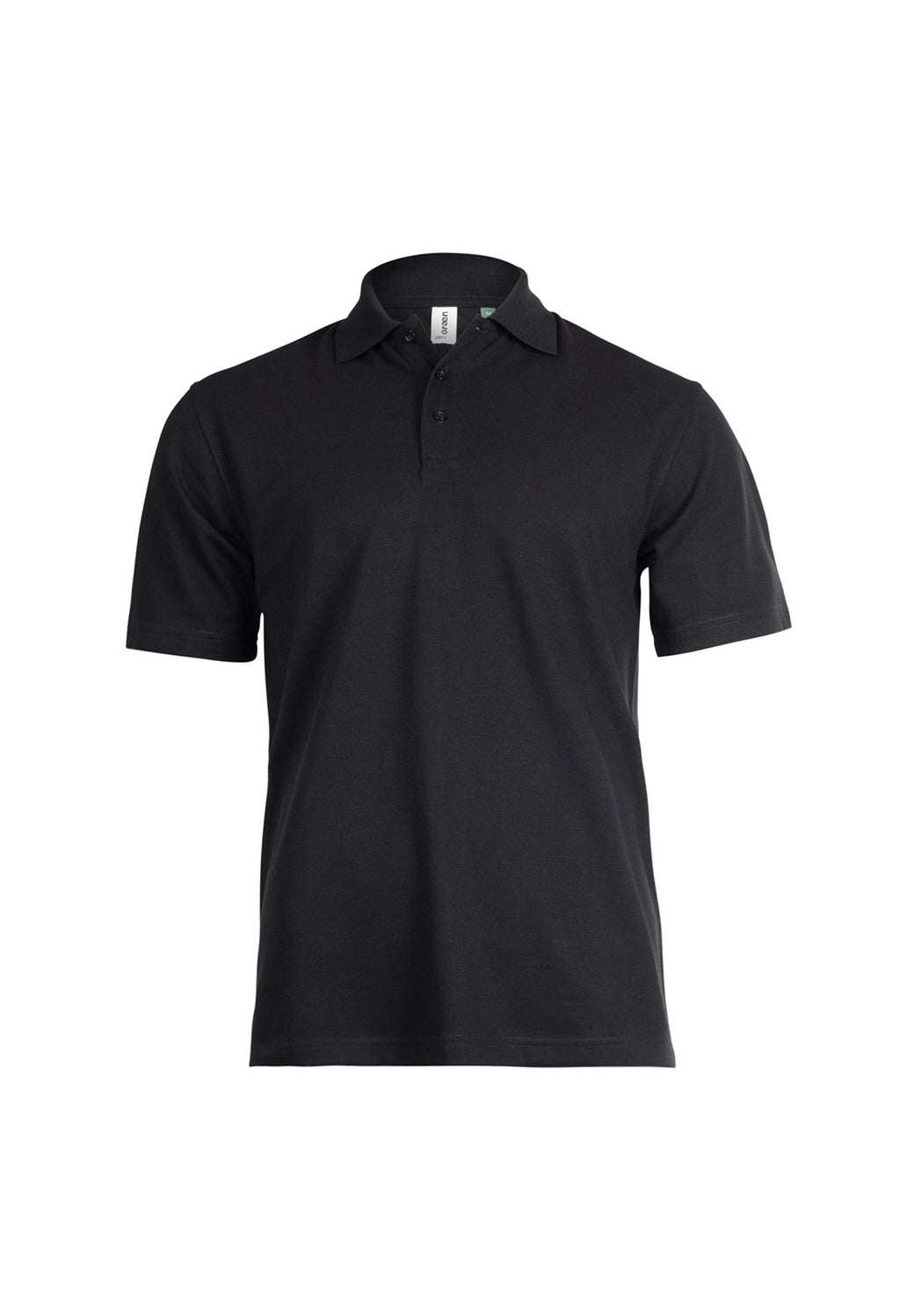 Black short-sleeve polo shirt with a three-button placket and classic collar in a regular fit.