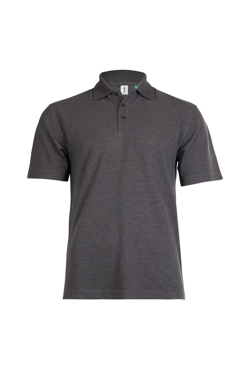 Charcoal gray short-sleeve polo shirt in a regular fit with a collared neckline and three-button placket.