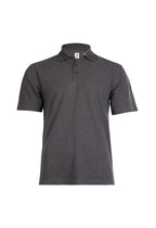Charcoal gray short-sleeve polo shirt in a regular fit with a collared neckline and three-button placket.
