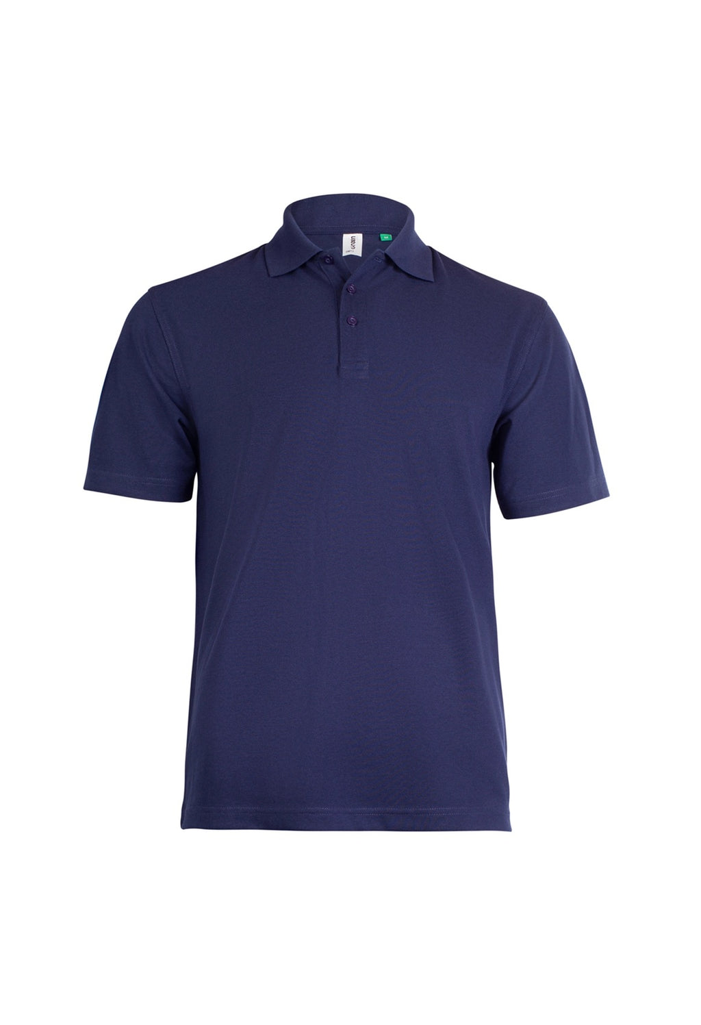 Navy blue short-sleeve polo shirt with a three-button placket, collar, and relaxed fit.