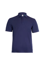Navy blue short-sleeve polo shirt with a three-button placket, collar, and relaxed fit.