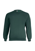 Dark forest green crewneck sweatshirt with long sleeves, ribbed collar, cuffs, and hem in a standard relaxed fit.