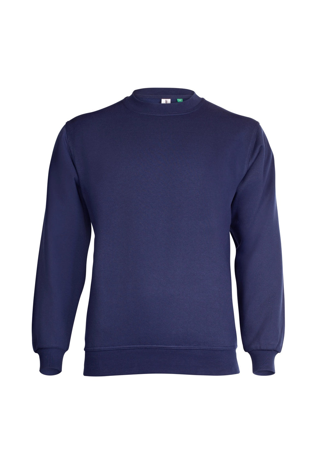 Navy blue long-sleeve crewneck sweatshirt with ribbed collar, cuffs, and hem in a standard, classic fit.