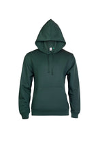 Dark green long-sleeve pullover hoodie with drawstring hood, ribbed cuffs/hem, and front kangaroo pocket. Regular fit.