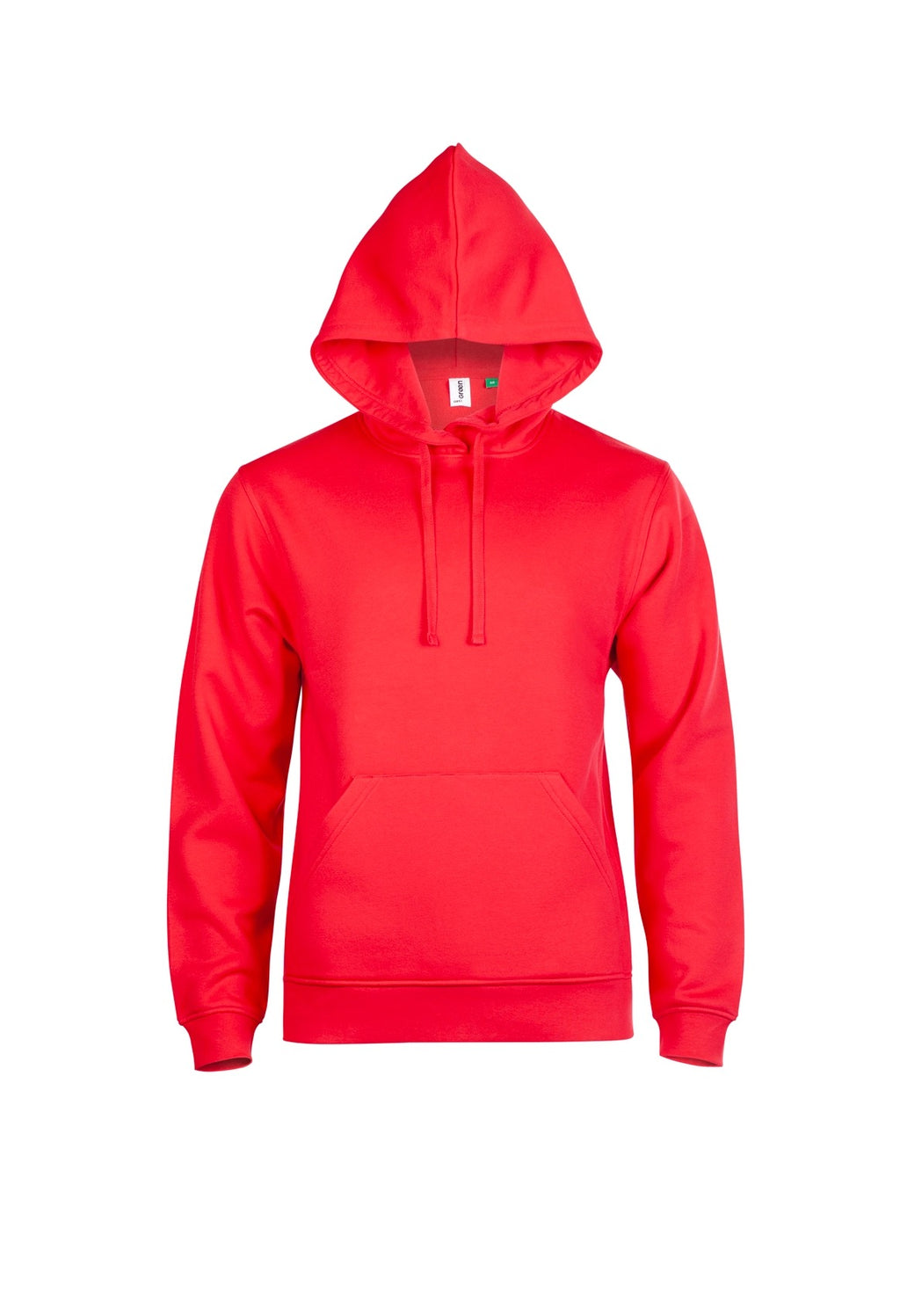 Bright red pullover hoodie, regular fit, featuring a drawstring hood, long sleeves, and a front kangaroo pocket.