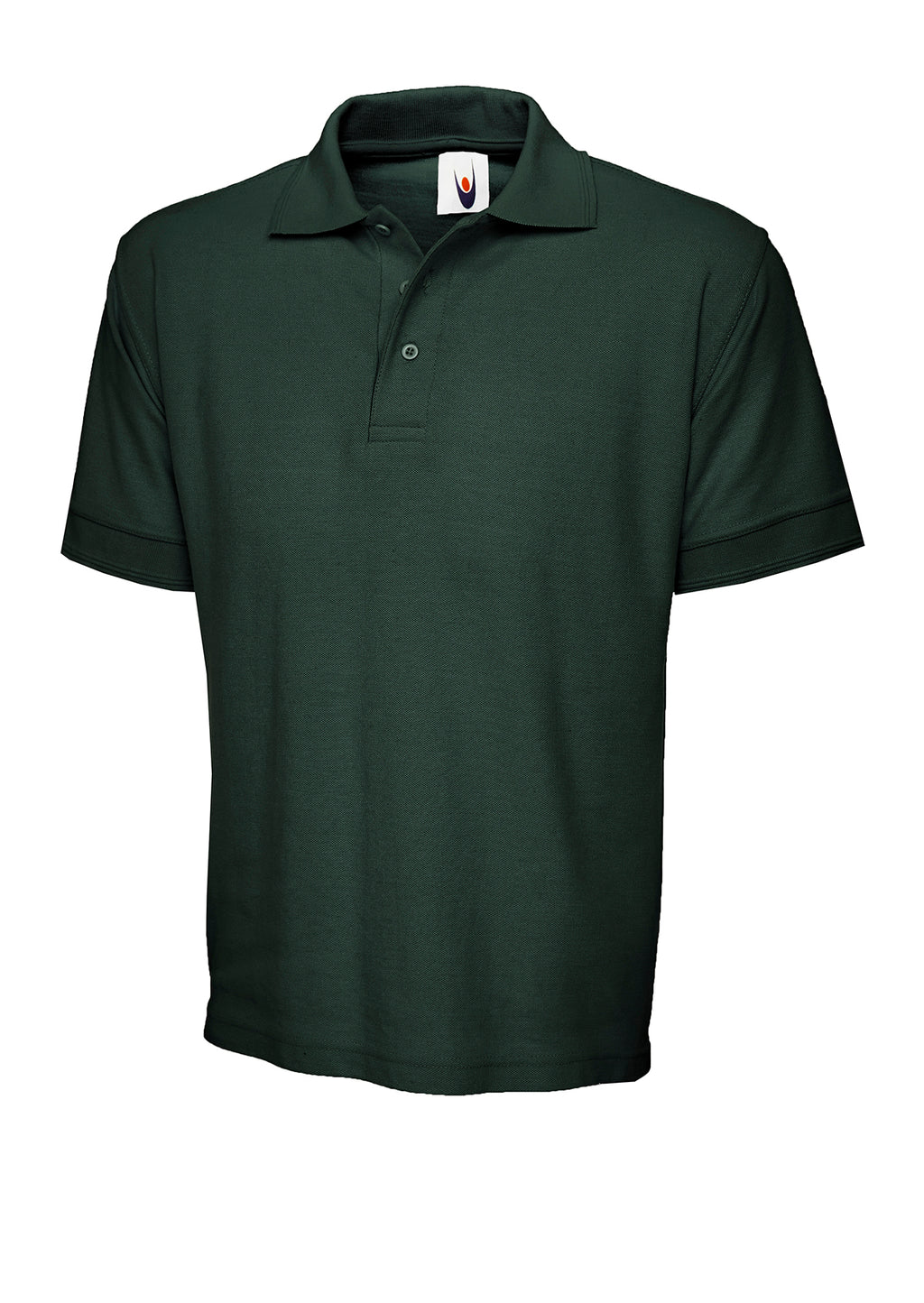 Dark green, short-sleeve polo shirt with a flat-knit collar, three-button placket, and a relaxed, straight fit.