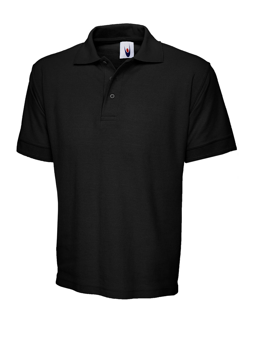Black short-sleeve polo shirt with a collar, three-button placket, and a classic, relaxed fit.