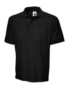 Black short-sleeve polo shirt with a collar, three-button placket, and a classic, relaxed fit.