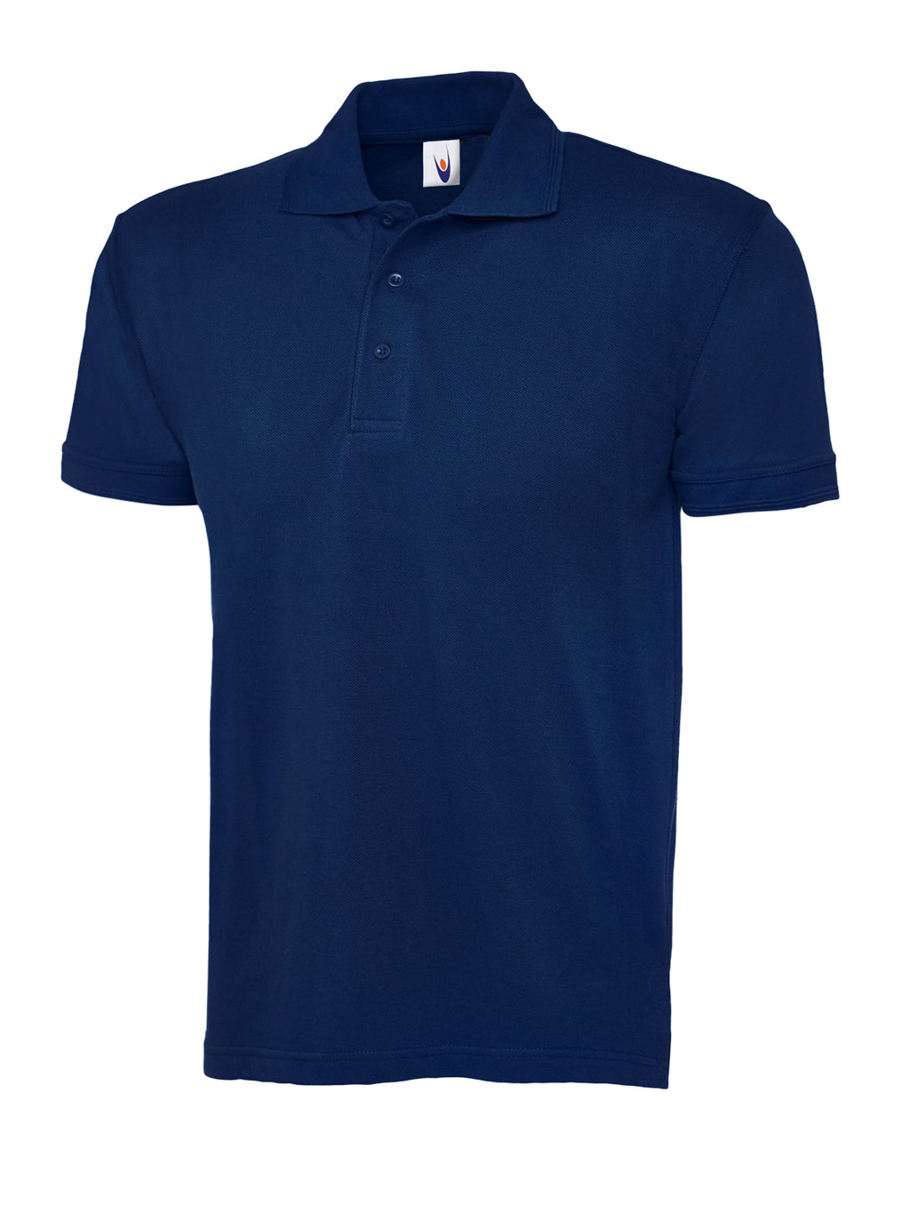 Navy blue short-sleeve polo shirt with a classic collar, three-button placket, and regular fit.