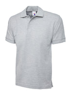 Light gray short-sleeve polo shirt with a classic collar, two-button placket, and regular fit.