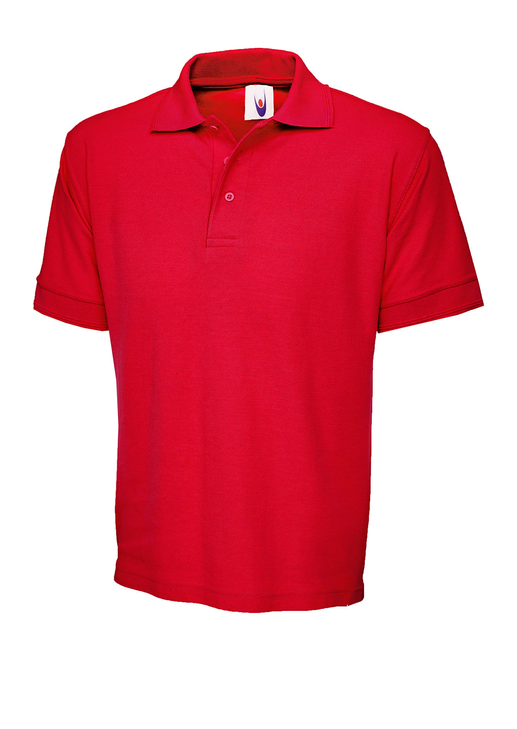 Red short-sleeve polo shirt with a standard collar, three-button placket, and a relaxed, straight fit.