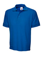 Royal blue short-sleeve polo shirt with a classic collar, three-button placket, and a relaxed, straight fit.