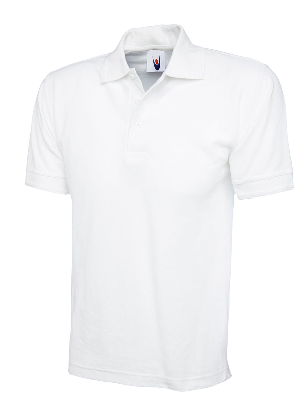 White short-sleeve polo shirt with a standard collar, three-button placket, and ribbed cuffs. Regular fit.