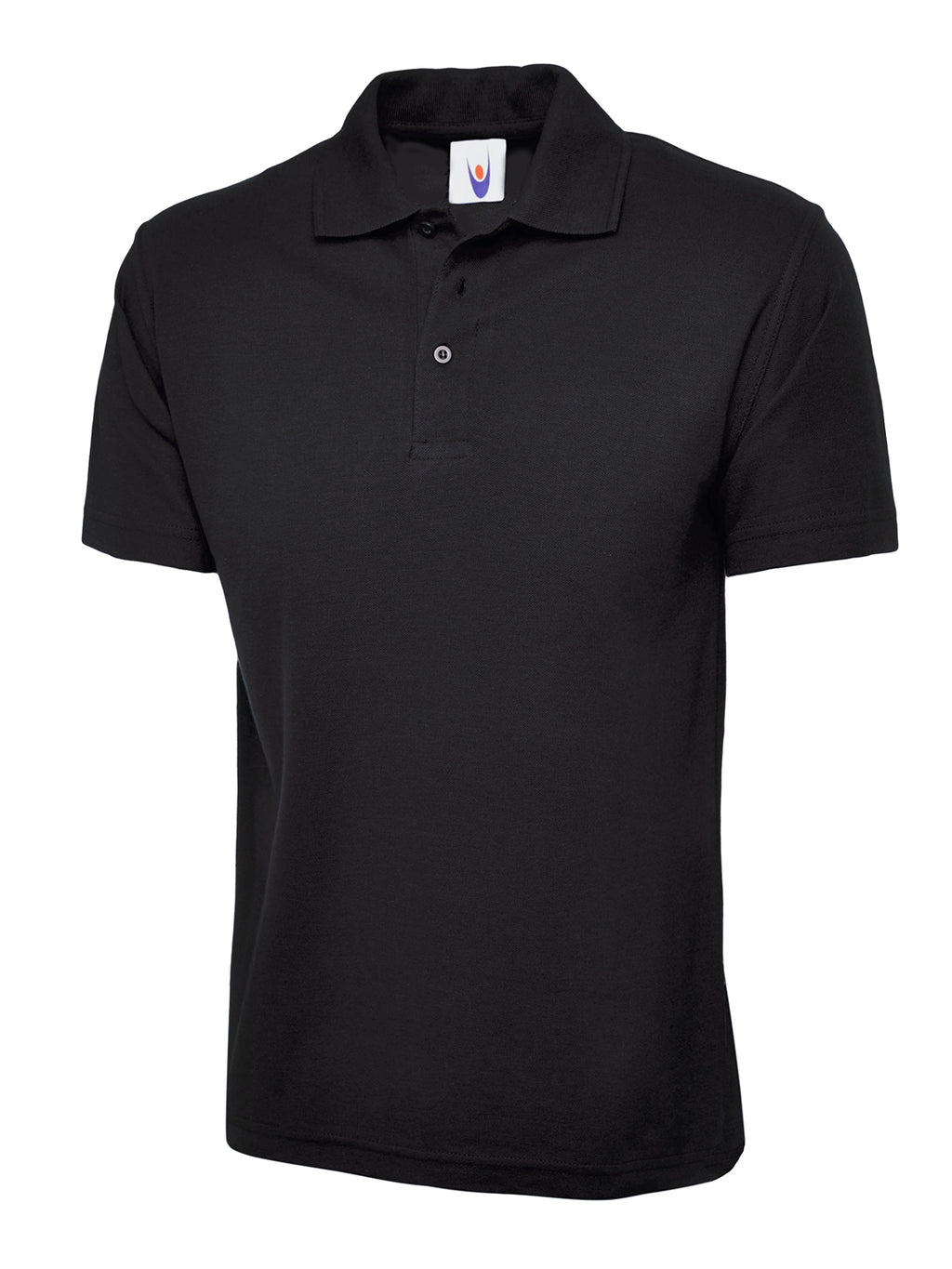 Black polo shirt with a classic collar, short sleeves, and a three-button placket. Regular fit.