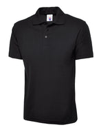 Black polo shirt with a classic collar, short sleeves, and a three-button placket. Regular fit.