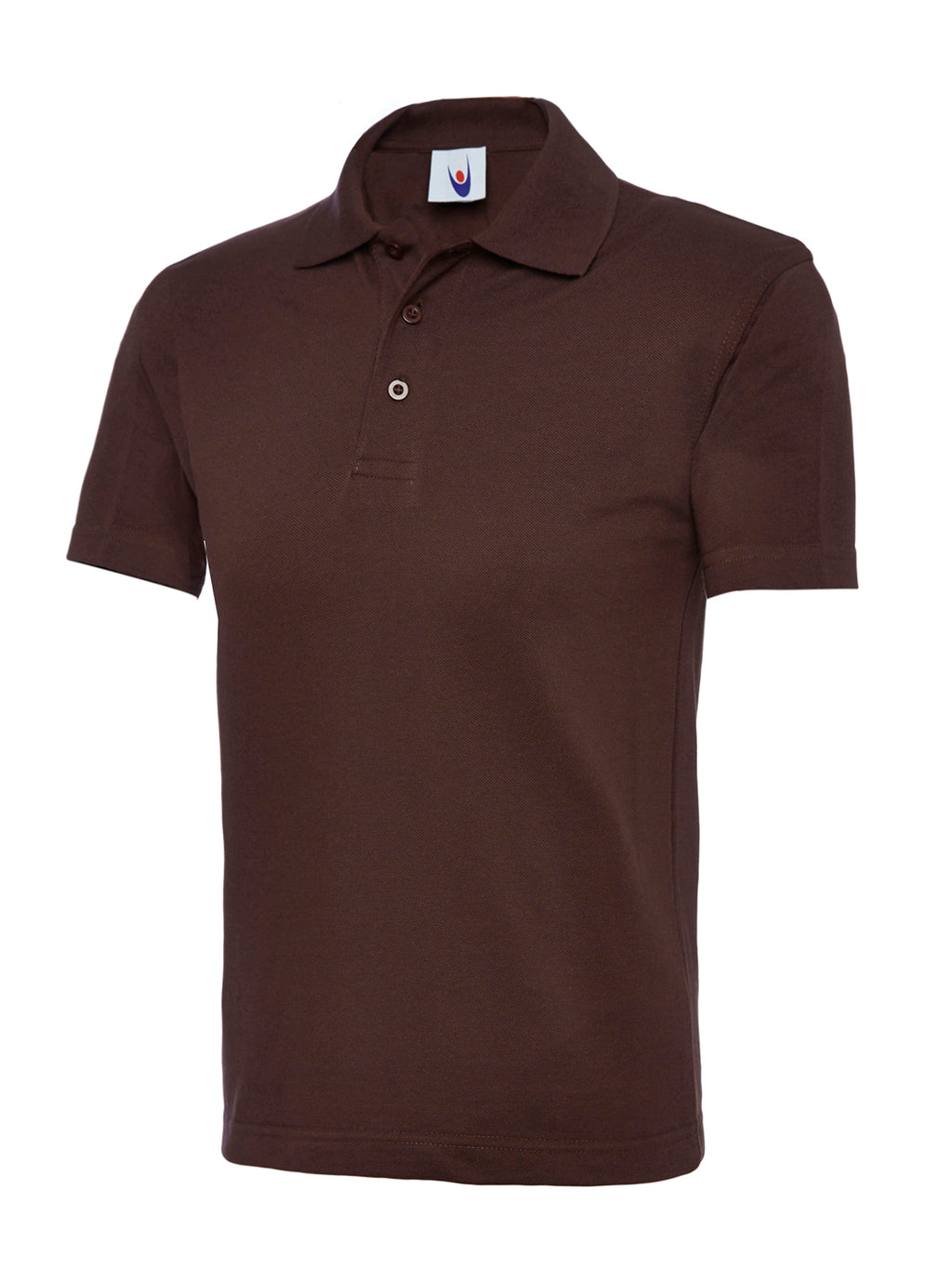 Dark brown short-sleeve polo shirt with a classic collar, three-button placket, and a standard, regular fit.
