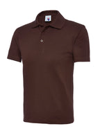 Dark brown short-sleeve polo shirt with a classic collar, three-button placket, and a standard, regular fit.