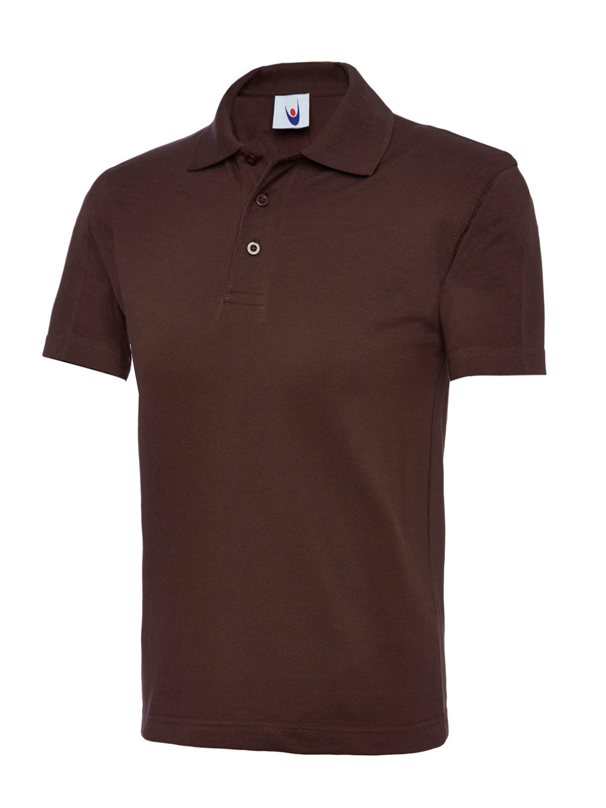 Dark brown short-sleeve polo shirt with a classic collar, three-button placket, and a standard, regular fit.