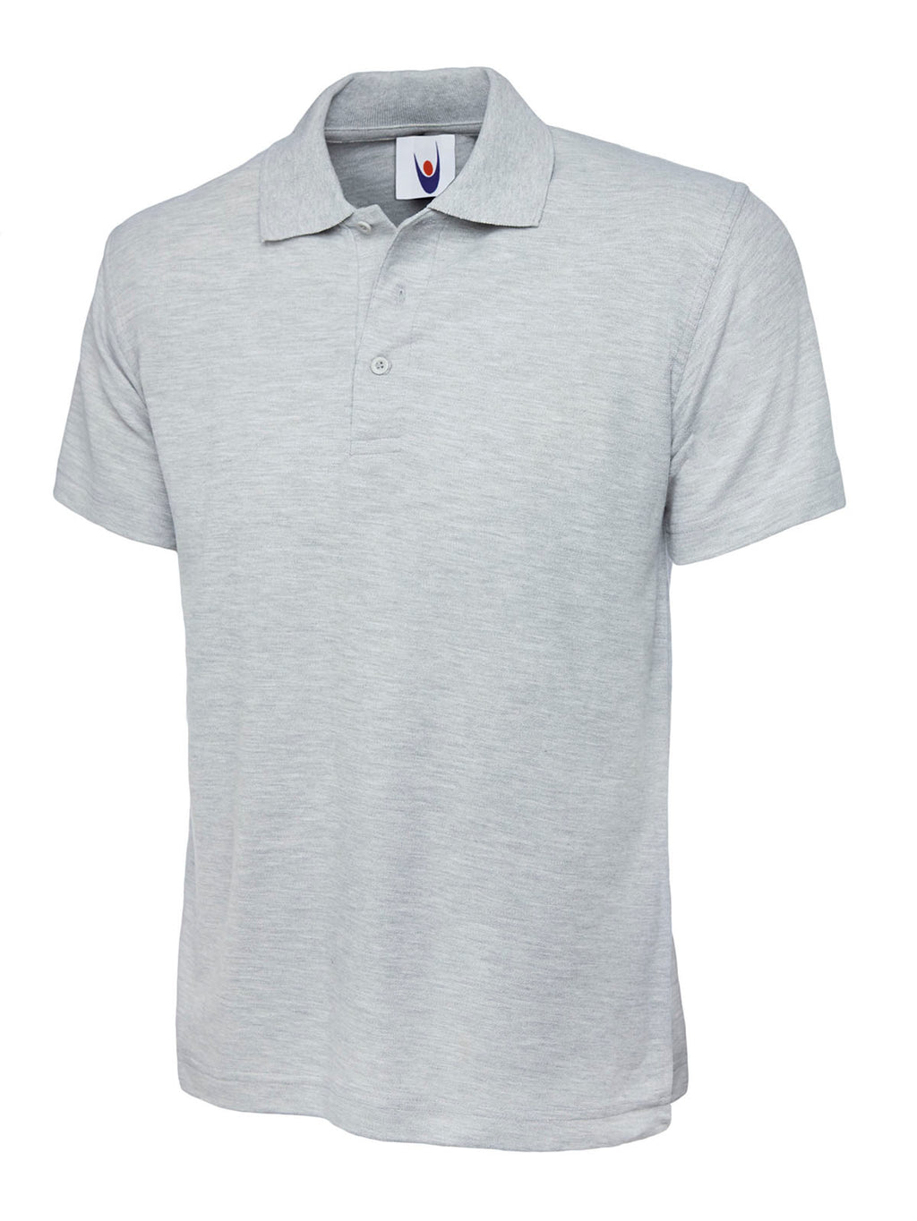 Light gray short-sleeve polo shirt with a three-button placket, collar, and relaxed fit.