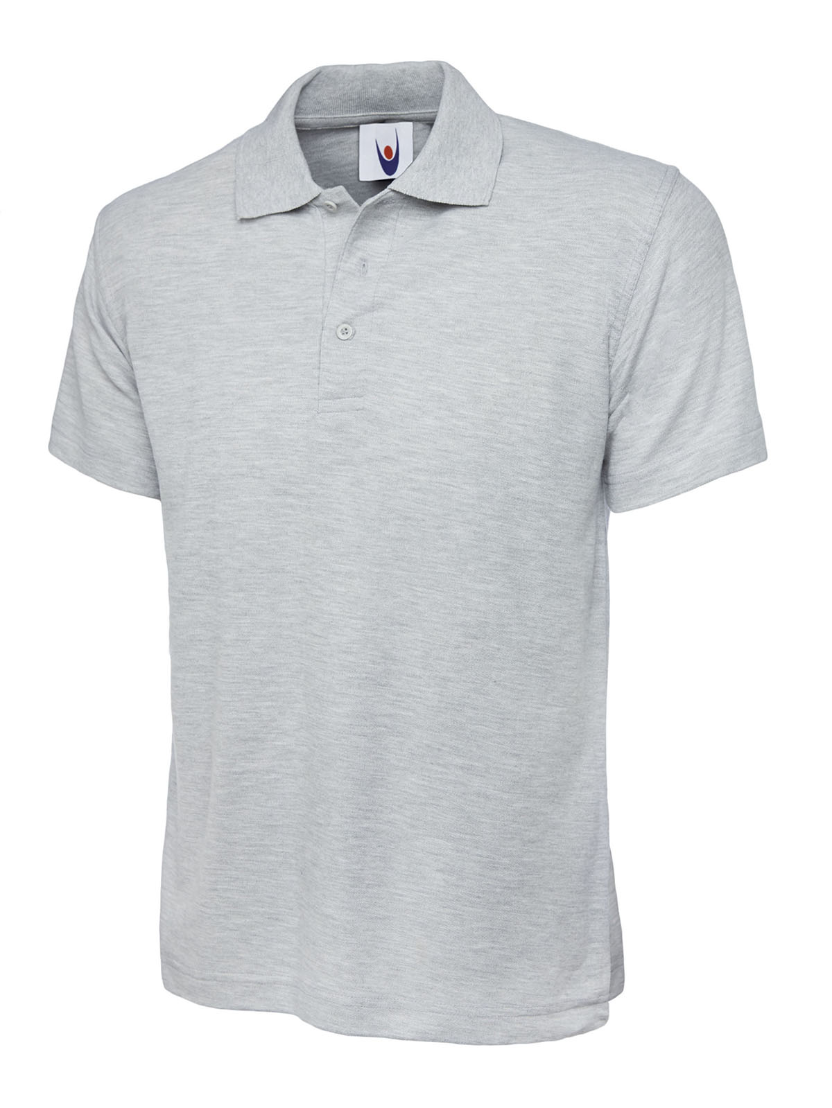Light gray short-sleeve polo shirt with a three-button placket, collar, and relaxed fit.