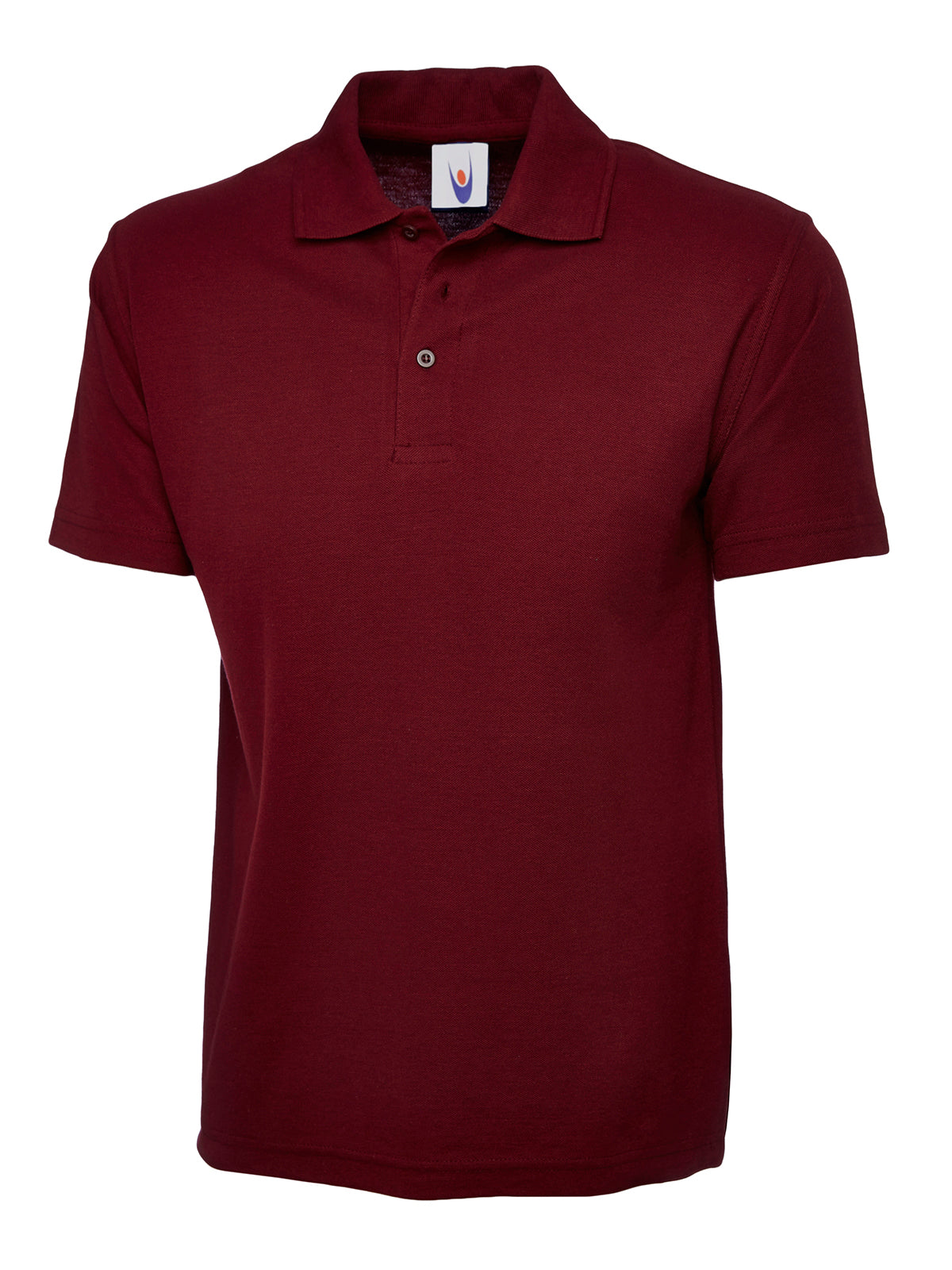 Maroon short-sleeved polo shirt with a classic collar and three-button placket, featuring a relaxed, straight fit.