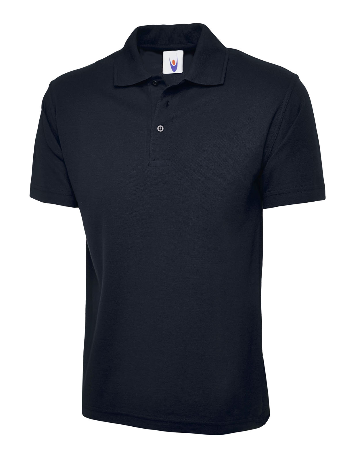 Navy blue short-sleeve polo shirt with a classic collar, button placket, and regular fit.
