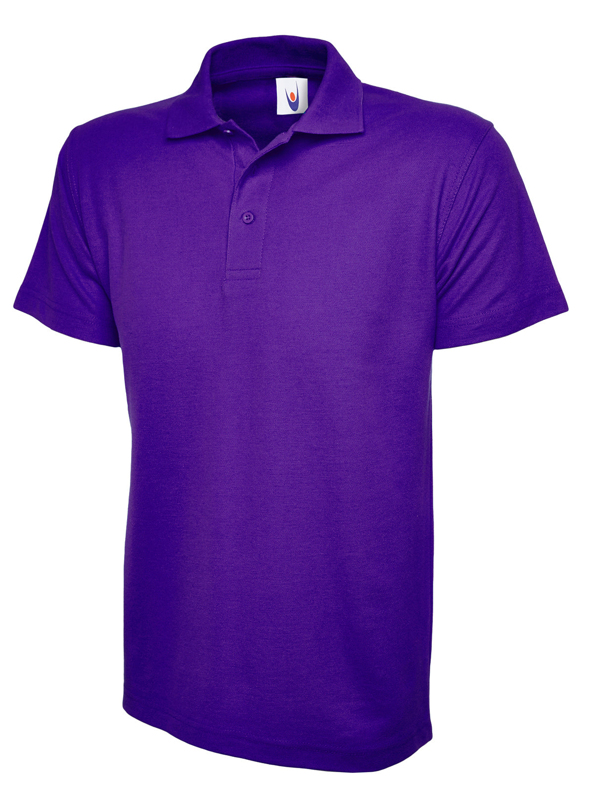 Purple short-sleeve polo shirt with a flat collar, three-button placket, and a standard, relaxed fit.