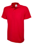 Bright red short-sleeved polo shirt with a classic collar and three-button placket in a regular fit.