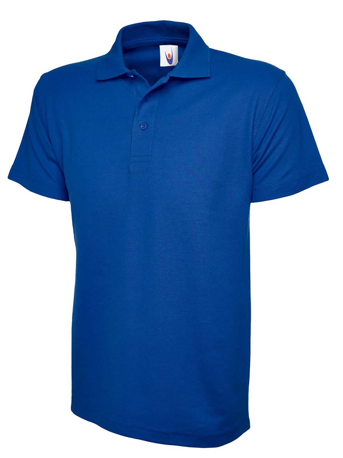 Royal blue short-sleeve polo shirt with a classic collar, three-button placket, and a standard straight-hem fit.