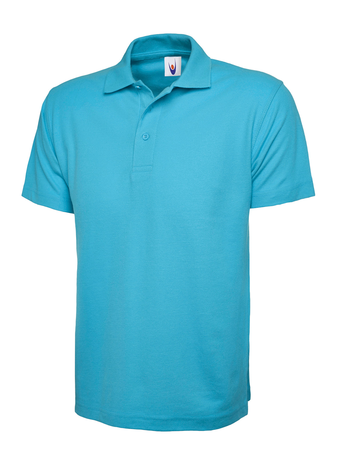 Bright turquoise short-sleeve polo shirt with a classic collar and three-button placket, relaxed fit.