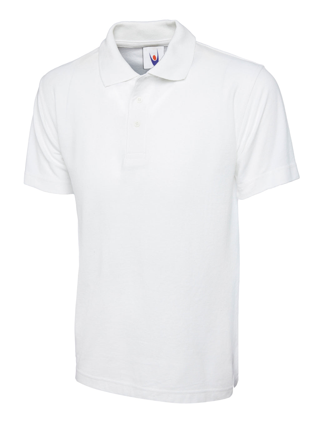 White short-sleeve polo shirt with a standard collar and a two-button placket in a classic, relaxed fit.