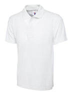 White short-sleeve polo shirt with a standard collar and a two-button placket in a classic, relaxed fit.