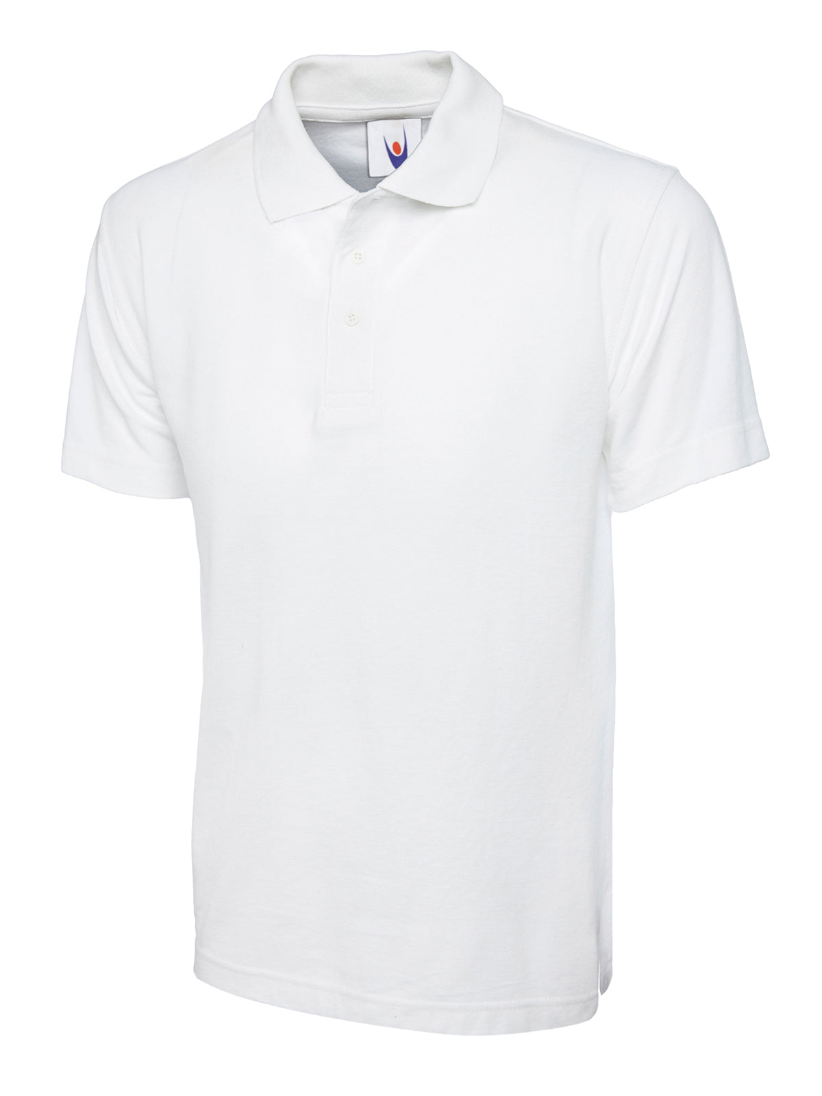 White short-sleeve polo shirt with a standard collar and a two-button placket in a classic, relaxed fit.
