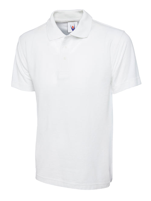 White short-sleeve polo shirt with a standard collar and a two-button placket in a classic, relaxed fit.