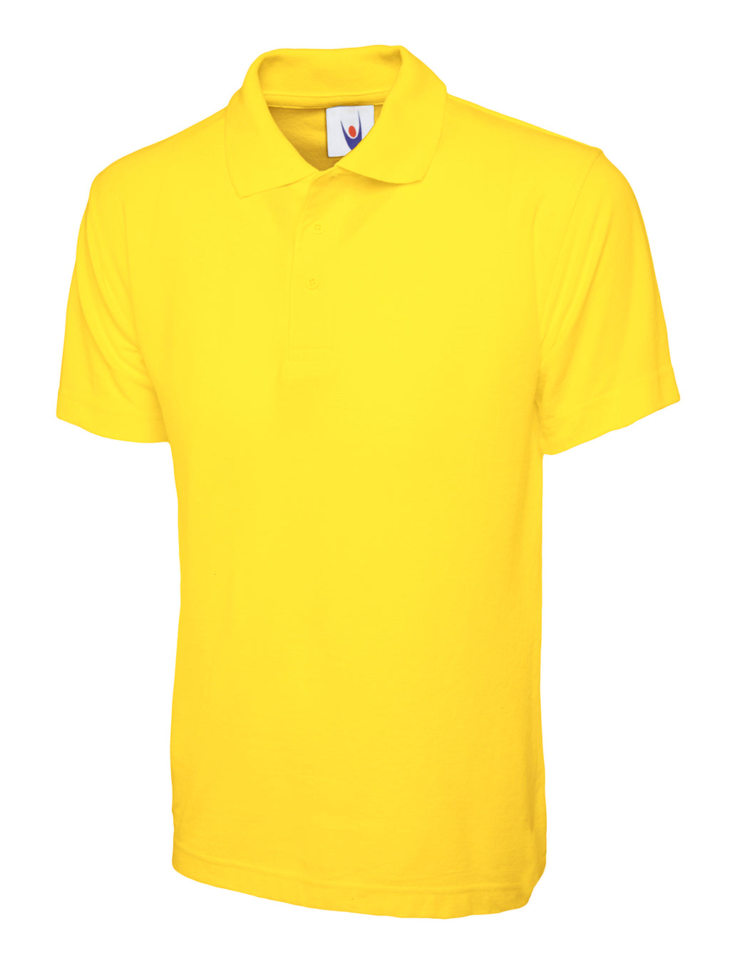 Bright yellow short-sleeve polo shirt with a classic collar, three-button placket, and a relaxed, straight fit.