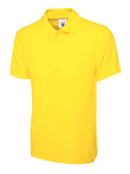 Bright yellow short-sleeve polo shirt with a classic collar, three-button placket, and a relaxed, straight fit.