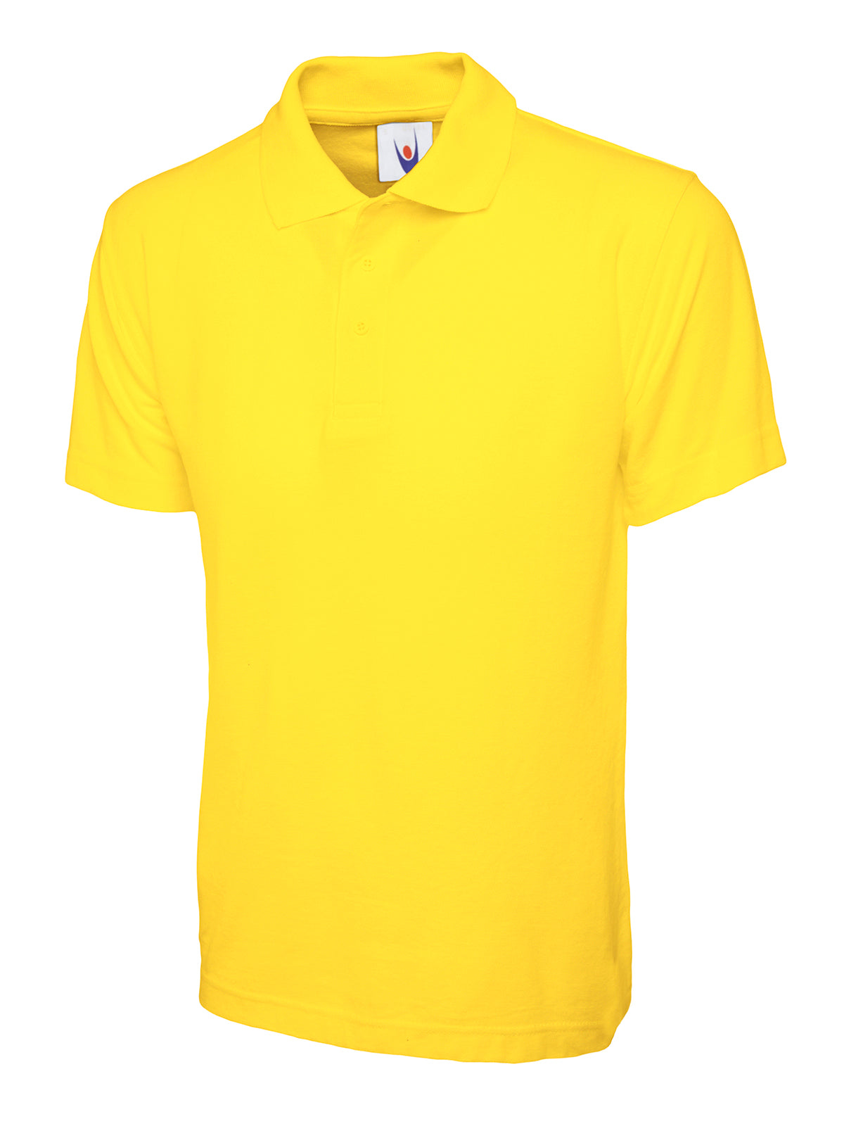 Bright yellow short-sleeve polo shirt with a classic collar, three-button placket, and a relaxed, straight fit.