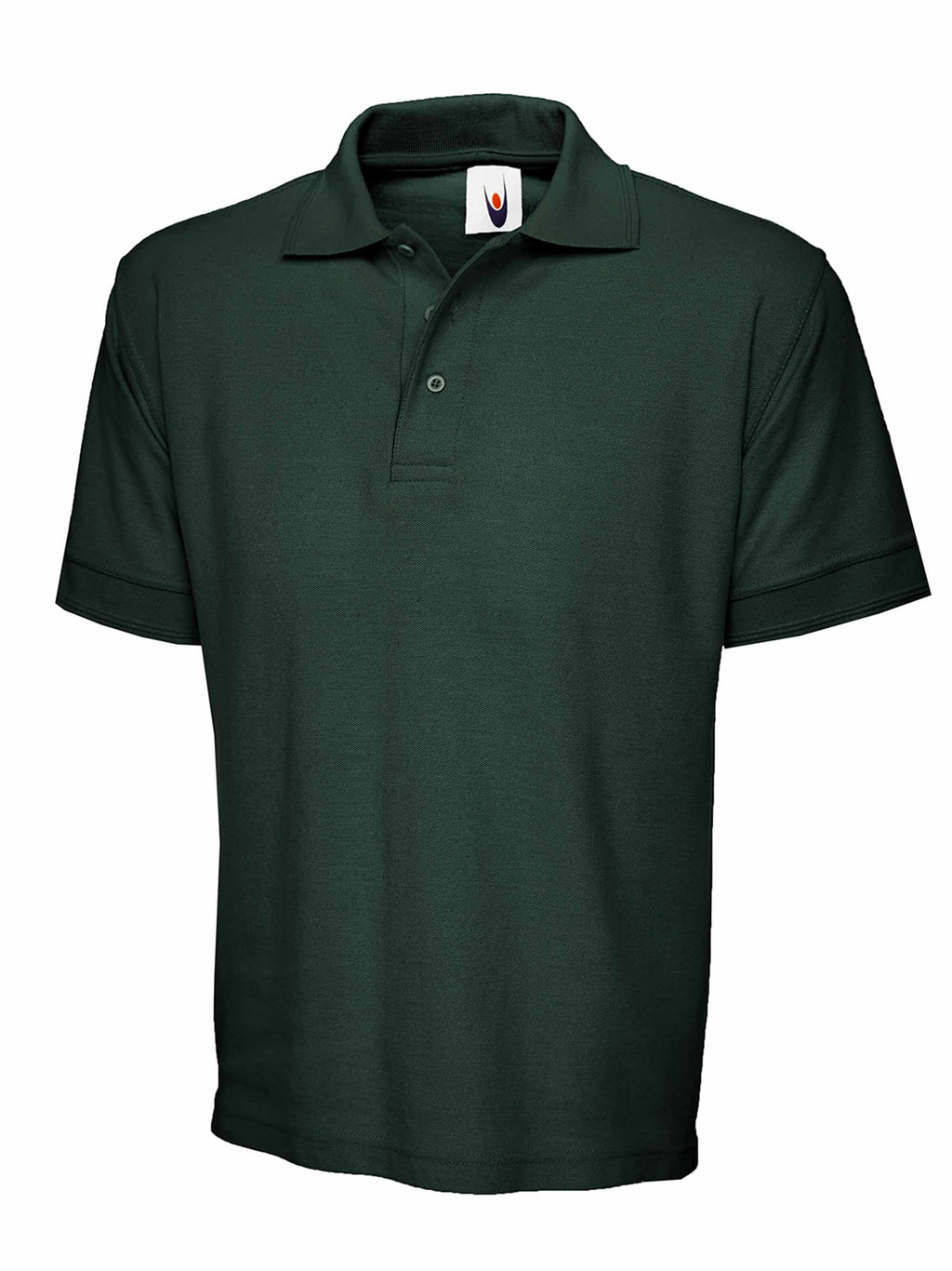 Dark forest green short-sleeve polo shirt with a classic collar, three-button placket, and a regular, relaxed fit.