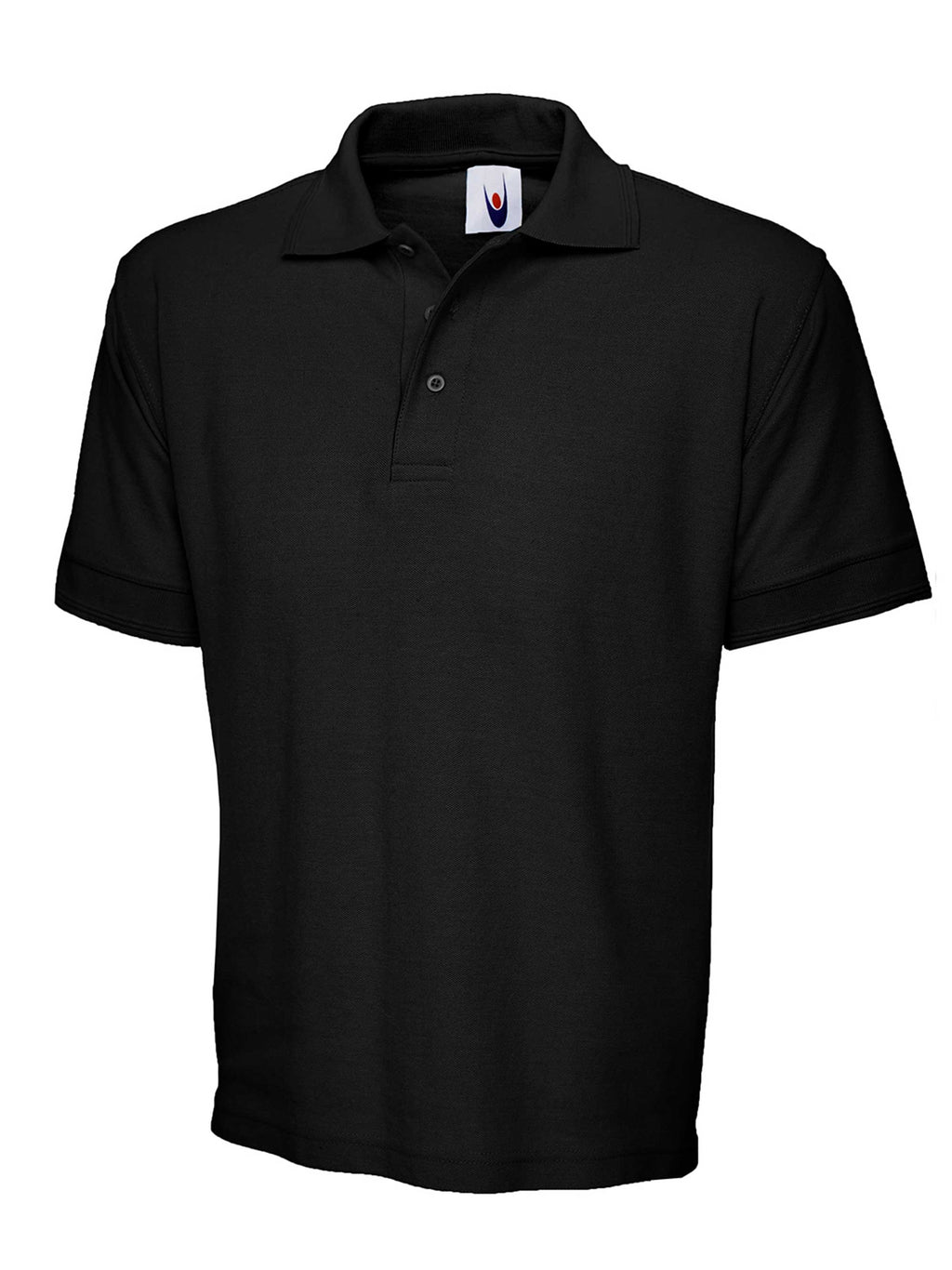 Black short-sleeve polo shirt with a structured collar, three-button placket, and a relaxed, classic fit.