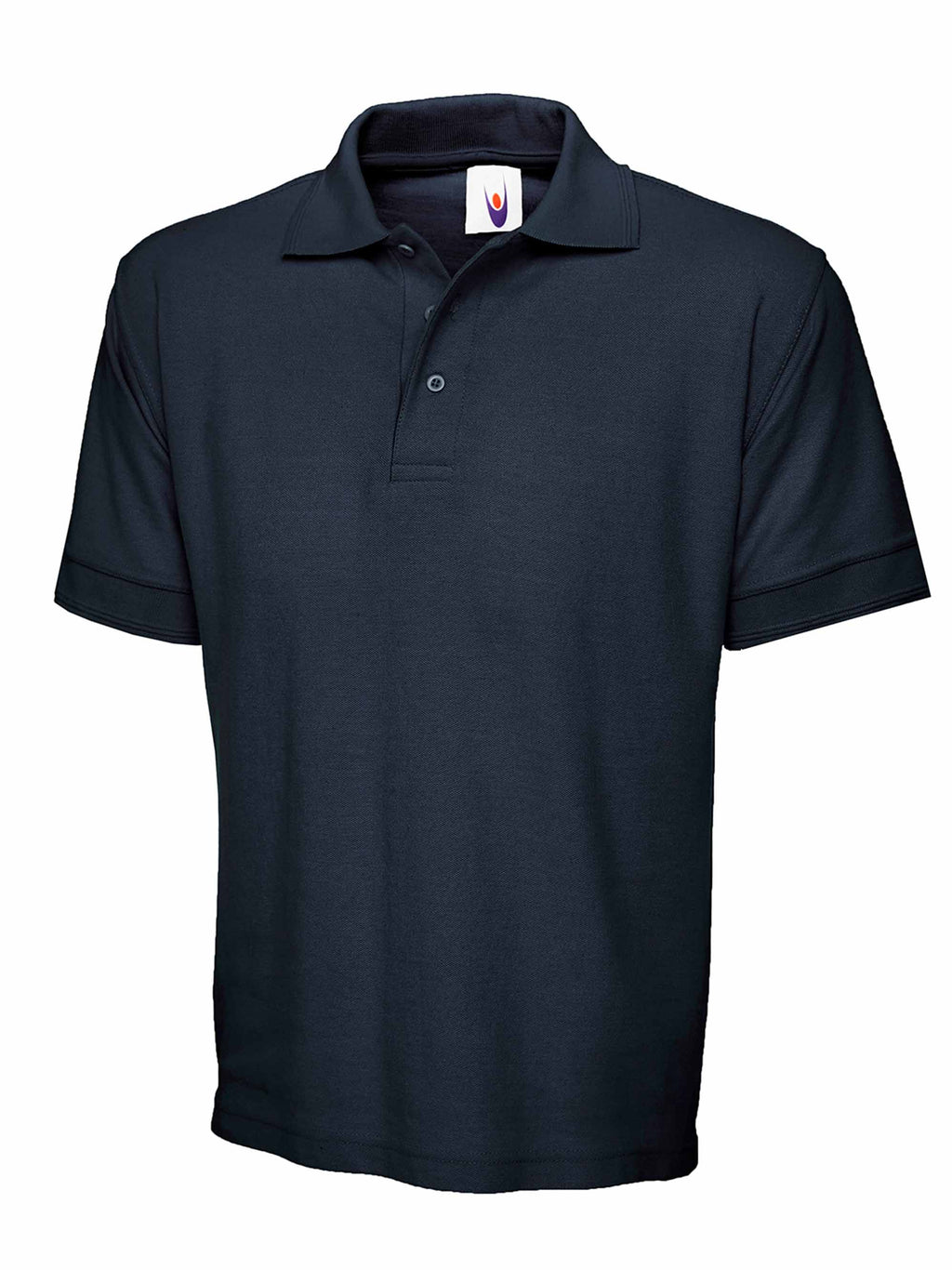 Navy blue polo shirt with a classic collar, three-button placket, short sleeves, and a regular fit.