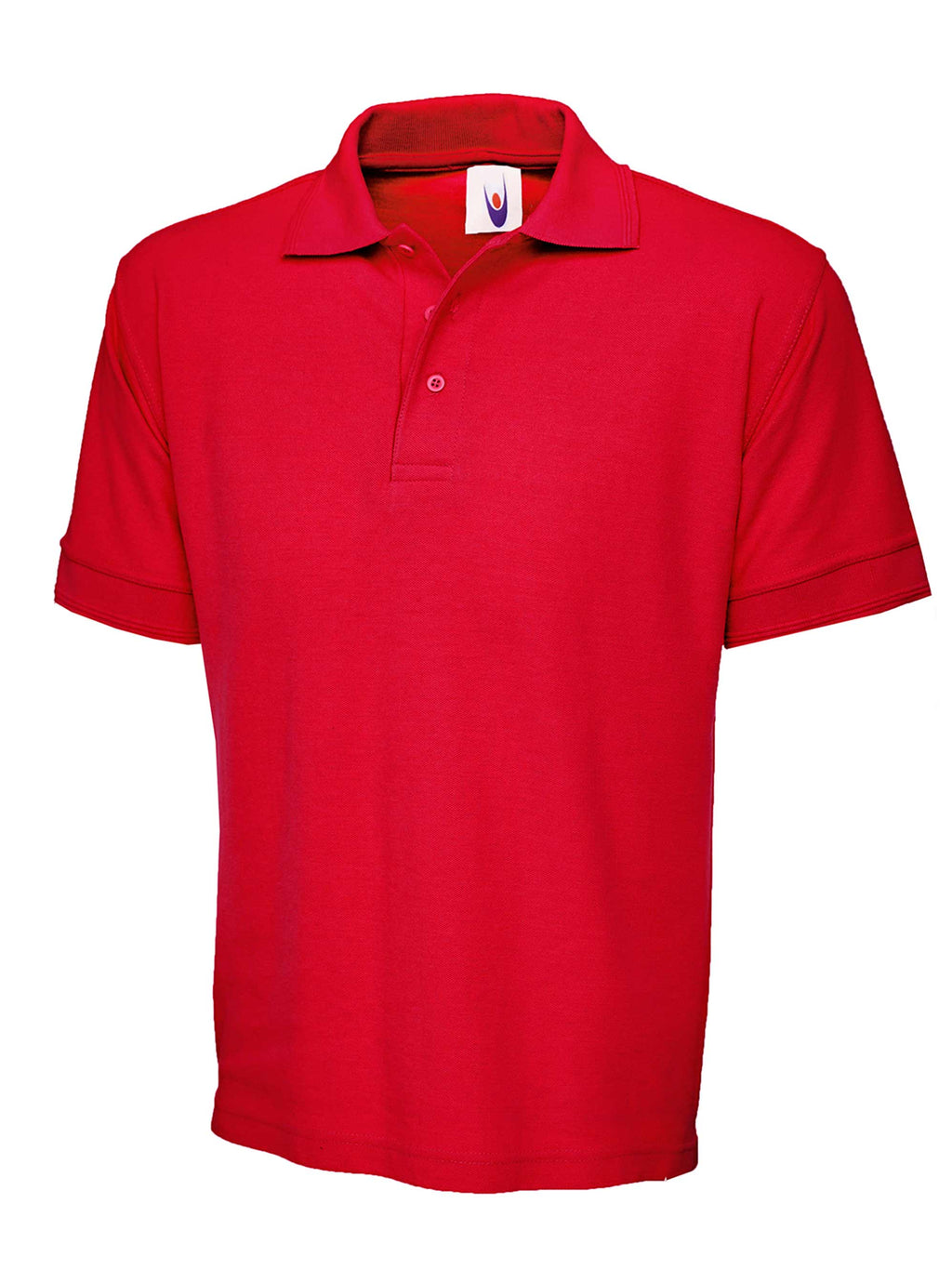 Bright red short-sleeve polo shirt with a classic collar, three-button placket, and a relaxed, straight fit.