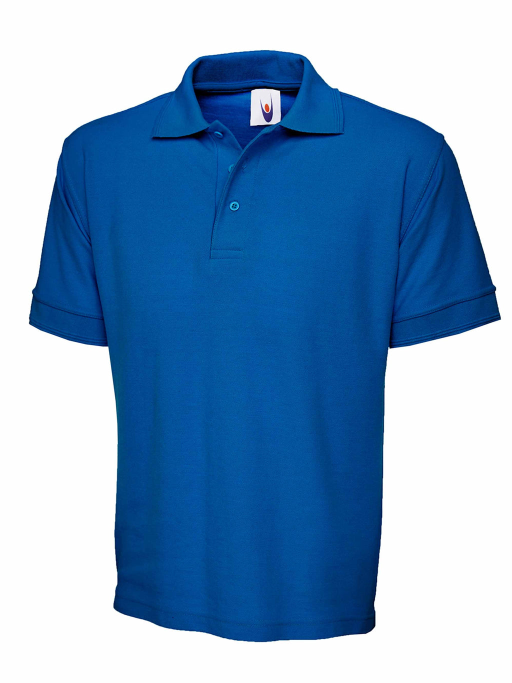 Royal blue short-sleeve polo shirt with a classic collar, button placket, and regular fit.