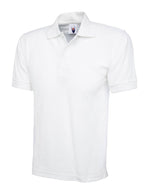 White short-sleeve polo shirt with a collared neckline, three-button placket, and ribbed cuffs. Regular fit.