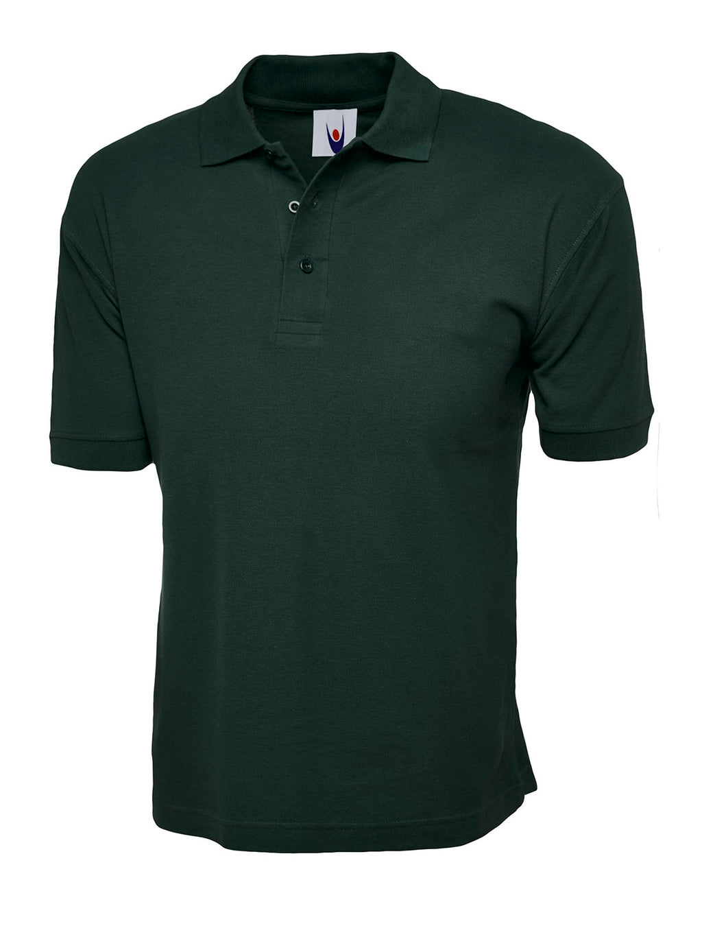Dark green short-sleeve polo shirt with a ribbed collar, three-button placket, and ribbed cuffs. Regular fit.