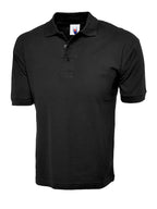 Black short-sleeve polo shirt with a standard collar, three-button placket, and ribbed cuffs. Regular fit.
