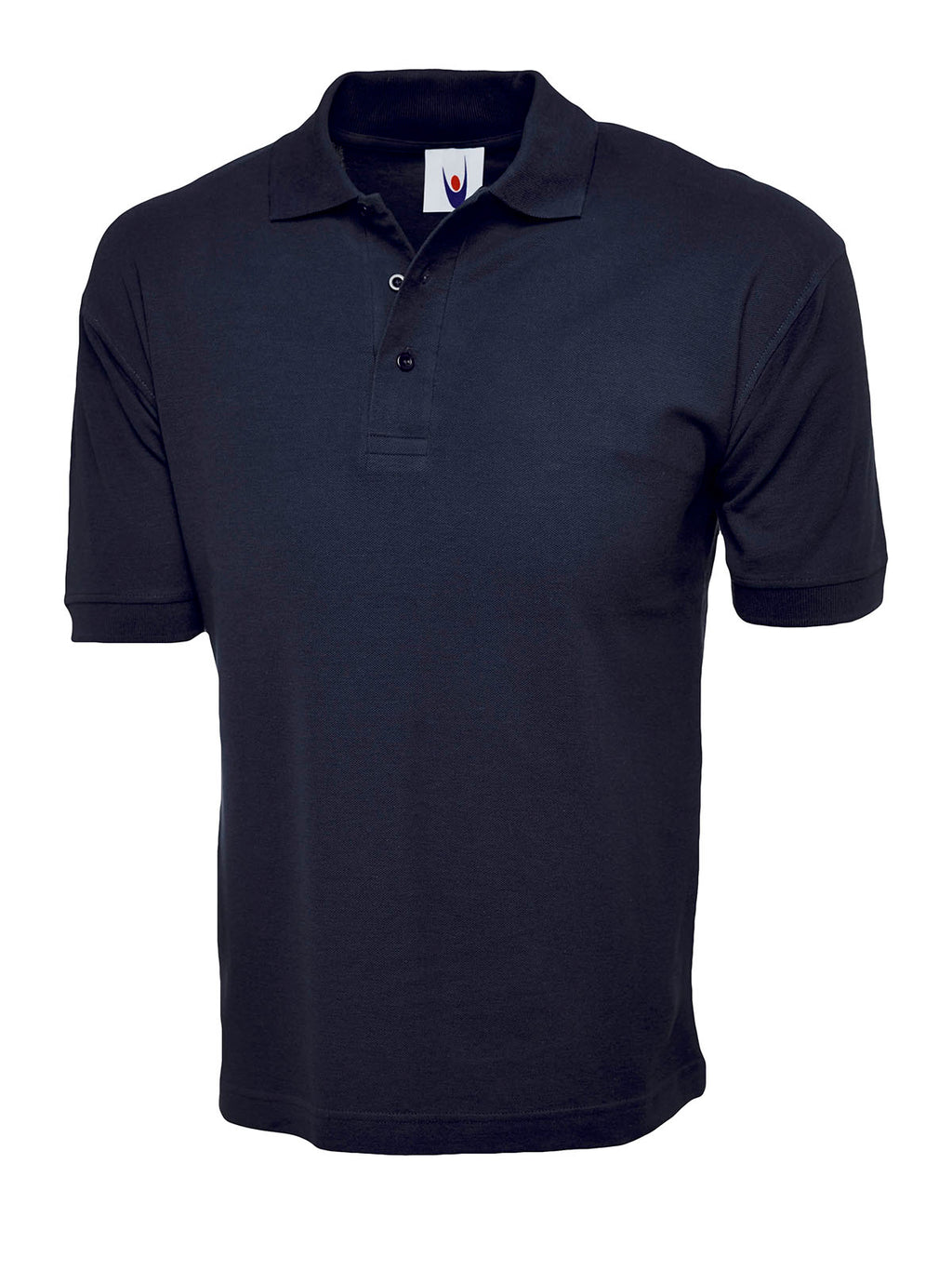 Navy blue short-sleeve polo shirt with a classic collar, button placket, and ribbed cuffs. Regular fit.