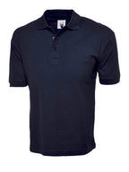 Navy blue short-sleeve polo shirt with a classic collar, button placket, and ribbed cuffs. Regular fit.