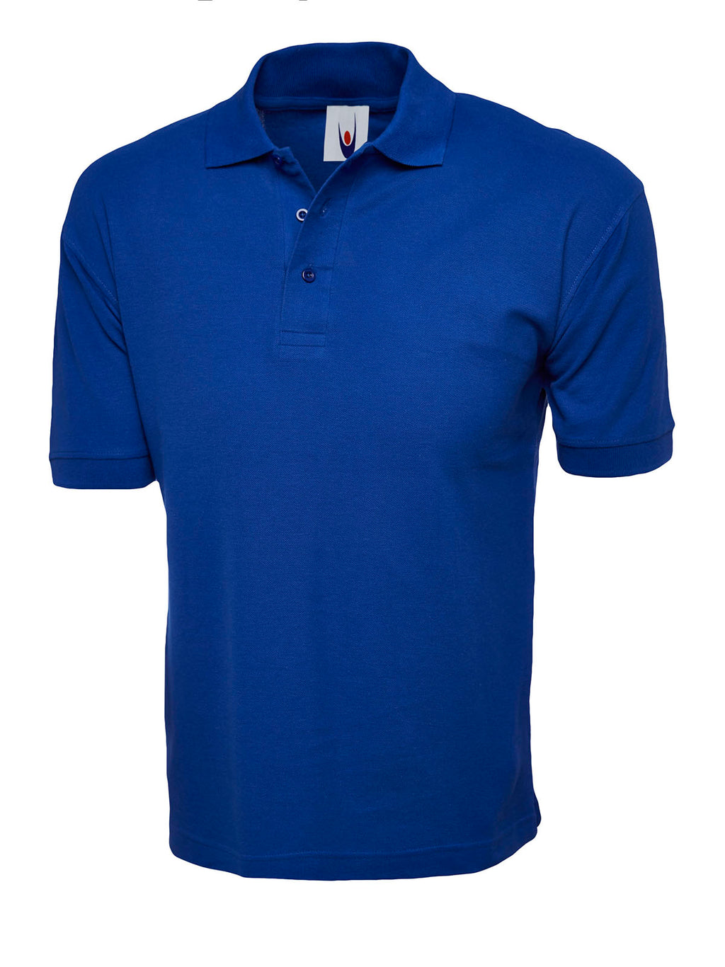 Royal blue short-sleeve polo shirt with a classic collar, two-button placket, and ribbed cuffs. Regular fit.