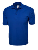 Royal blue short-sleeve polo shirt with a classic collar, two-button placket, and ribbed cuffs. Regular fit.