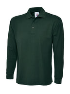 Dark green long-sleeve polo shirt with a three-button placket, knit collar, and ribbed cuffs in a relaxed fit.